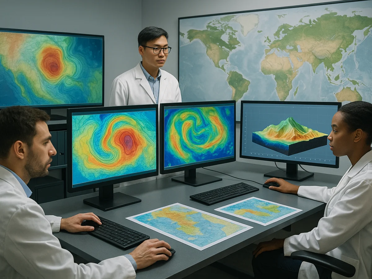 Ilustracja sekcji 2 pokazuje Scientists working with geophysical models i najwazniejsze zaleznosci tematu.