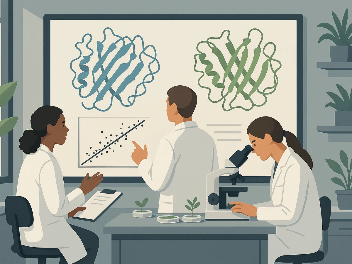 Ilustracja sekcji 2 pokazuje Laboratory scene with scientists analyzing i najwazniejsze zaleznosci tematu.