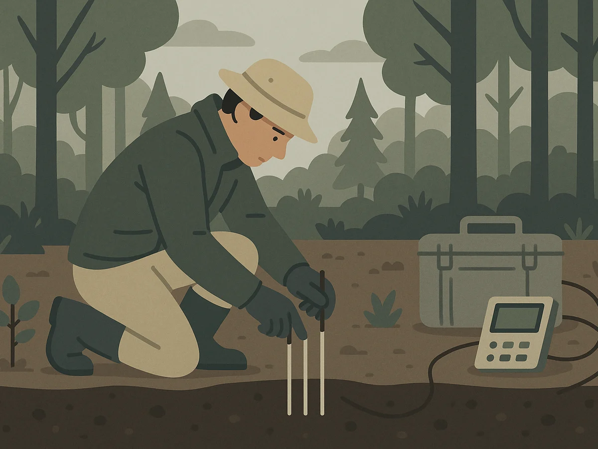 Ilustracja sekcji 2 pokazuje Field scientist inserting thin sampling i najwazniejsze zaleznosci tematu.