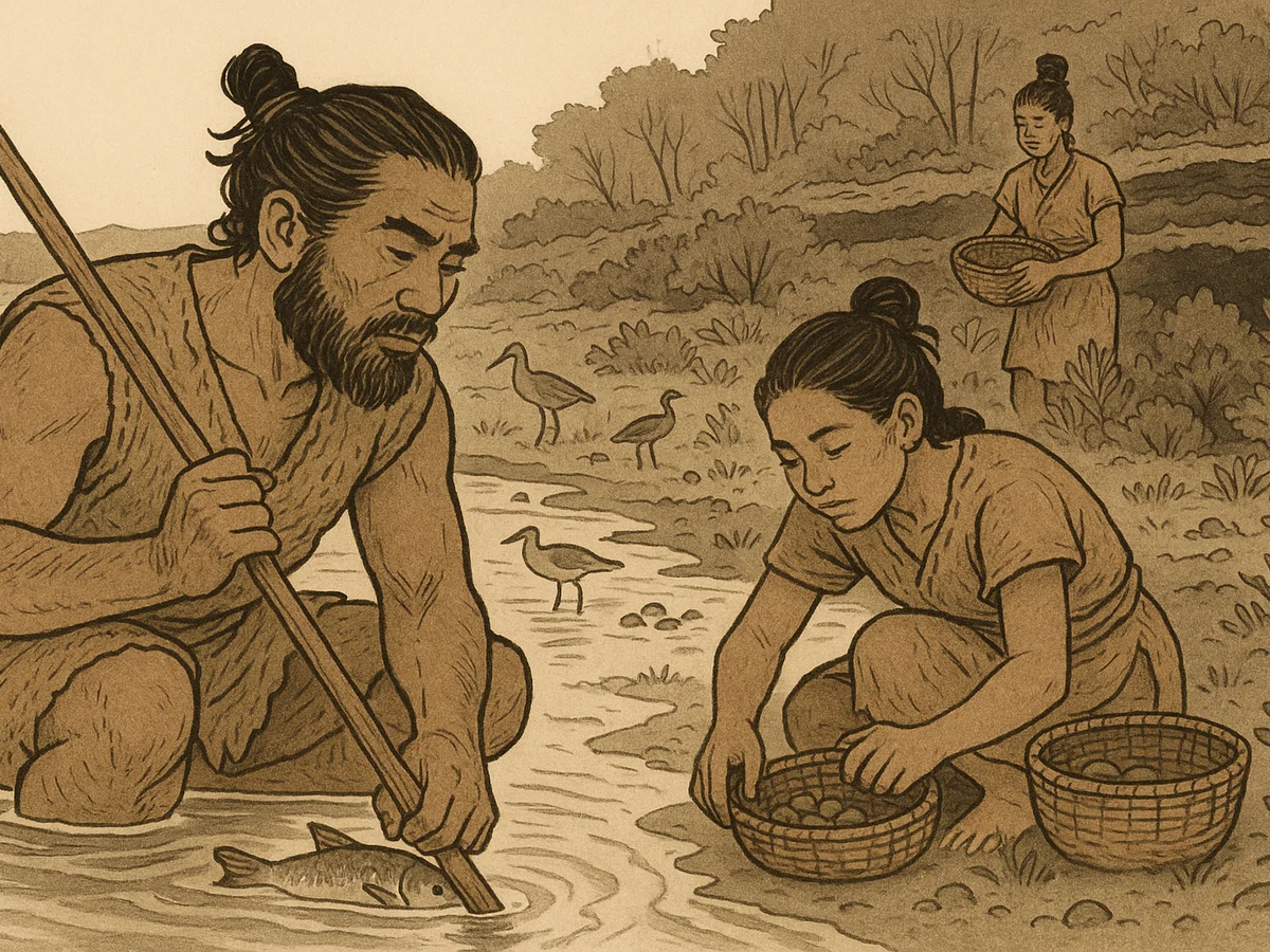 Ilustracja sekcji 2 pokazuje Close-up Jomon foragers by a i najwazniejsze zaleznosci tematu.