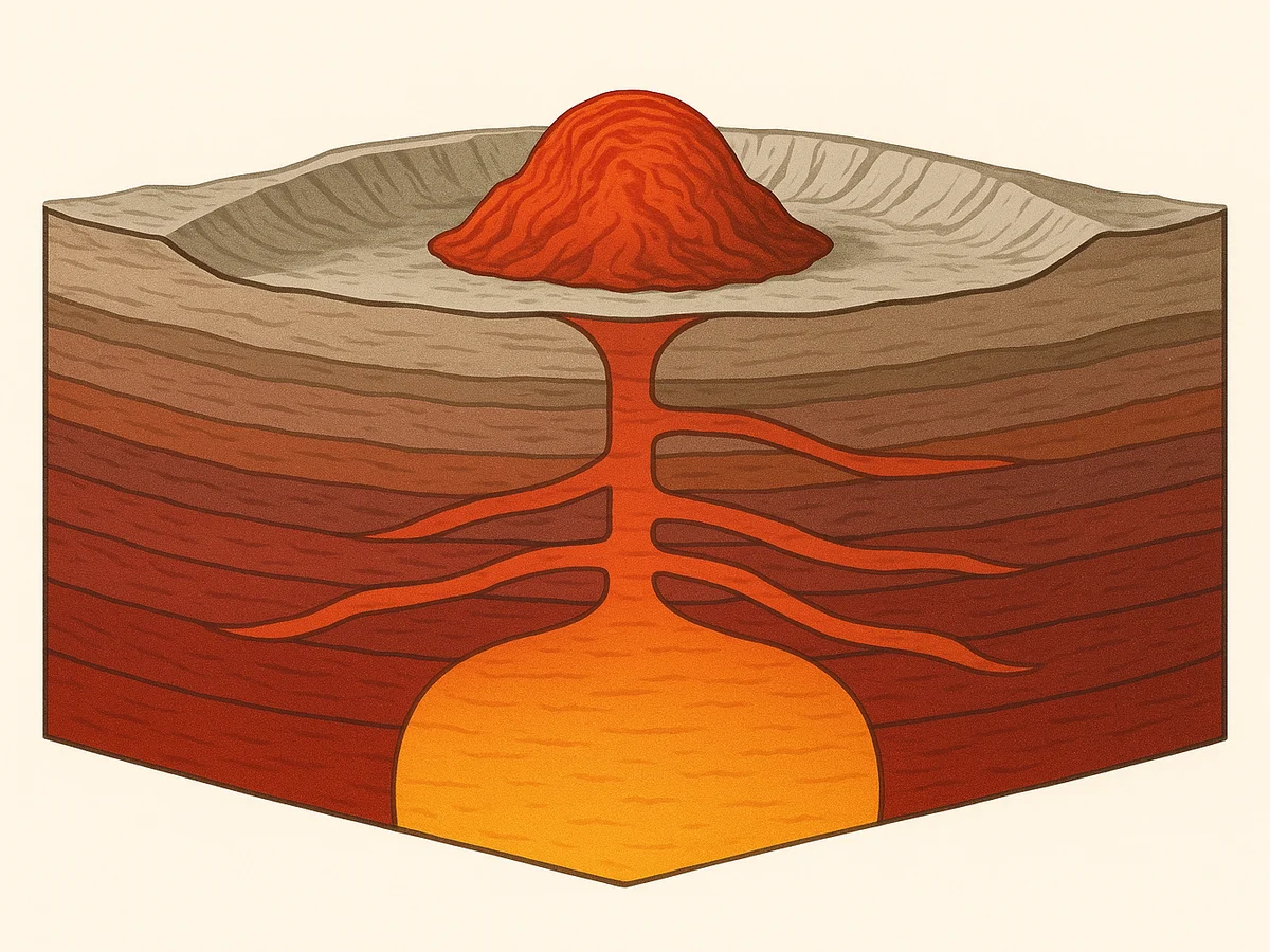 Ilustracja sekcji 2 pokazuje Cross-sectional view of a caldera i najwazniejsze zaleznosci tematu.