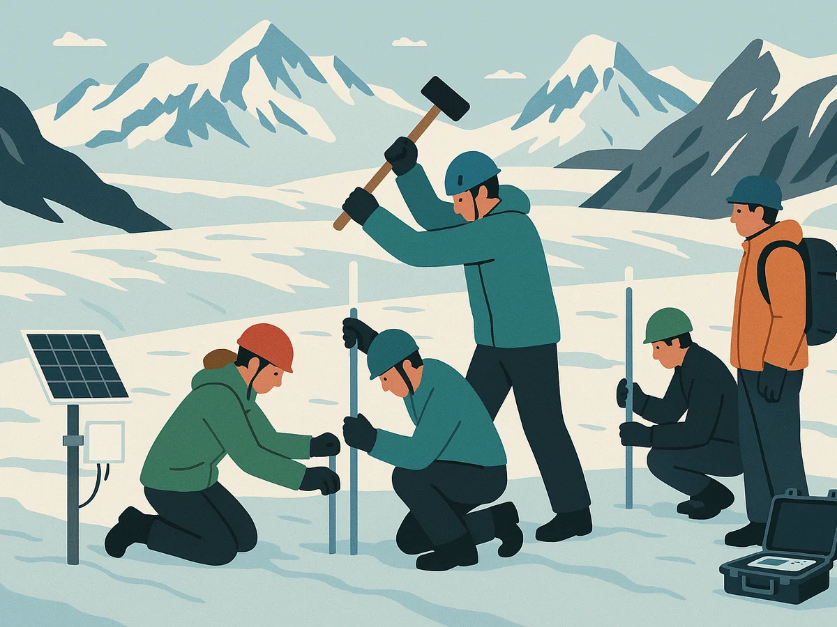 Ilustracja sekcji 2 pokazuje Scientific team installing monitoring stakes i najwazniejsze zaleznosci tematu.